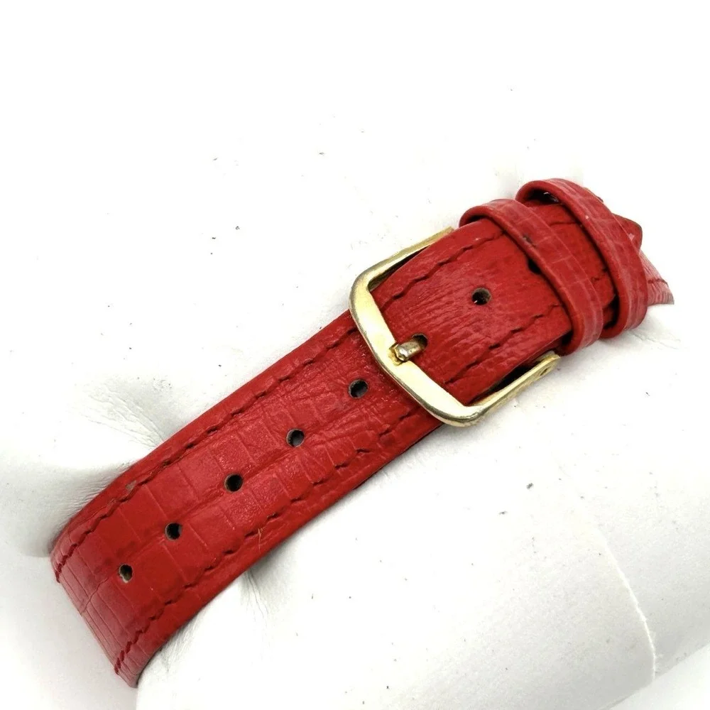 Vintage R&R Christmas Watch Moving Bear Train Gold Tone Red Leather Strap